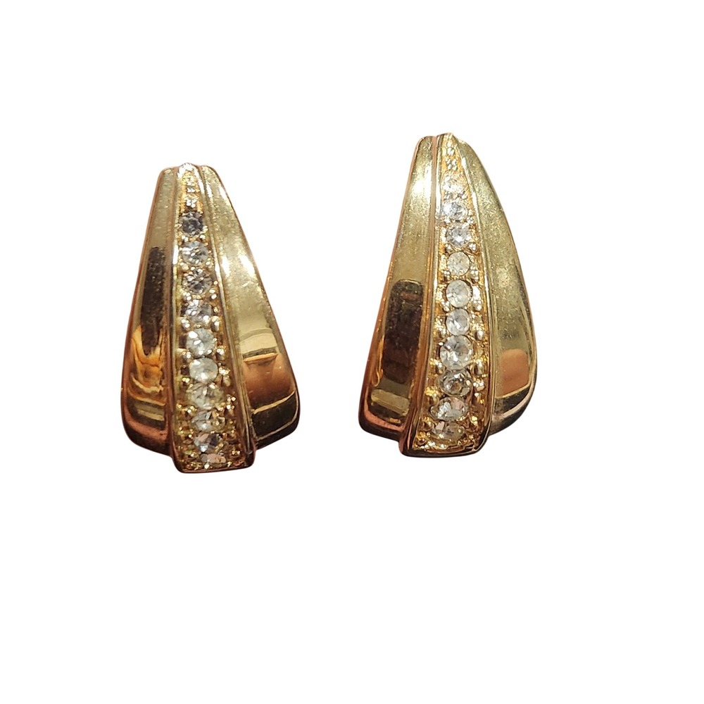 Trifari Vintage Gold Tone Rhinestone J Hoop Earrings Surgical Steel Post
